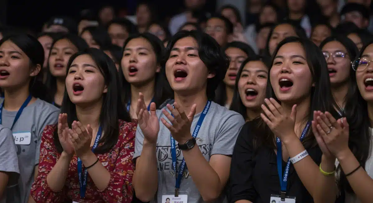 Diverse American K-drama fans singing along to an OST at a fan event
