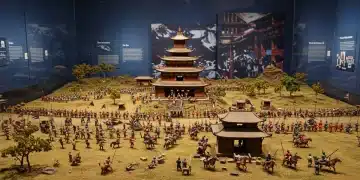 Detailed diorama portraying a historical Asian event with miniature figures and traditional buildings.