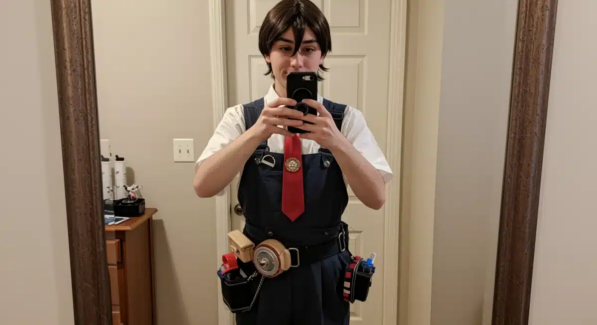 Satisfied cosplayer wearing a budget-friendly J-Drama character outfit, crafted with DIY methods.