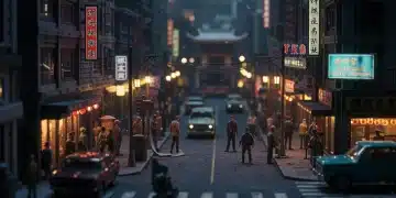 Futuristic US city diorama with Asian cultural elements, dramatic lighting, miniature storytelling