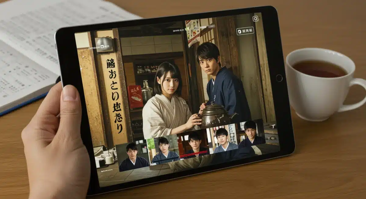 Person watching Japanese drama on a tablet, enjoying a cozy streaming experience.