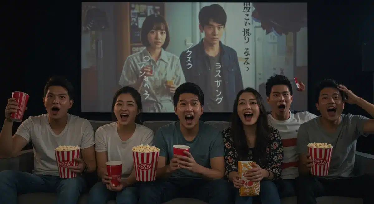 Diverse young adults engrossed in watching a Japanese drama on a large screen with subtitles.