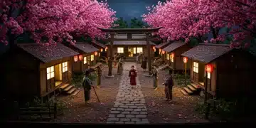 Intricate Japanese diorama with cherry blossoms, capturing the haunting essence of the new K-Drama.