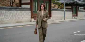 Woman in K-Drama inspired chic blazer and trousers walking in a city street