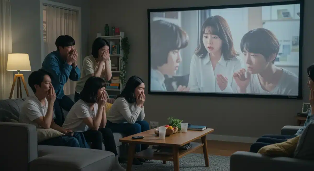 Global K-drama fans reacting to a drama ending on screen, showing diverse emotions.