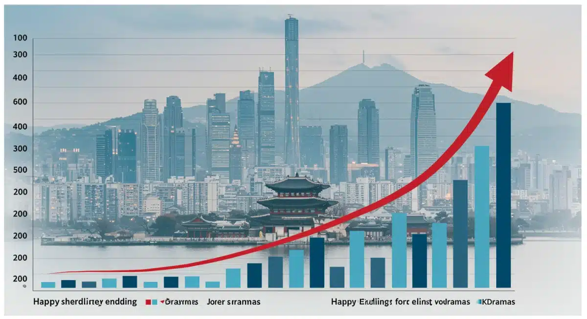 Data visualization showing increasing trend of happy endings in K-dramas with Seoul skyline.
