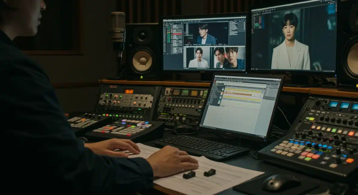 Music producer working on a K-drama soundtrack in a studio, surrounded by equipment