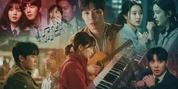 Vibrant collage showing K-drama scenes with musical notes, symbolizing soundtrack impact