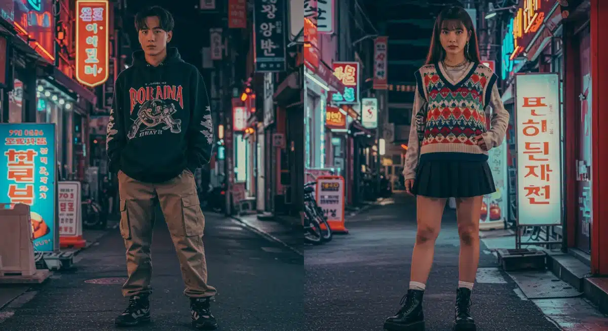 Vibrant K-Drama inspired street style fashion in an urban setting