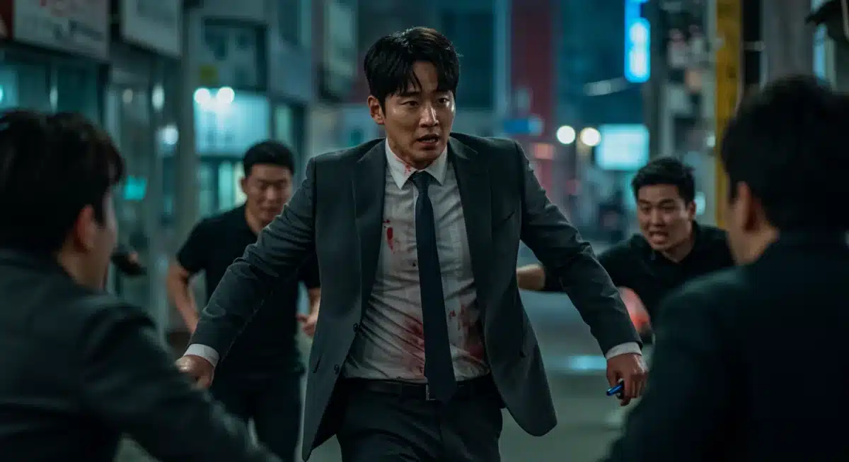 Intense K-drama thriller scene with protagonist in action, highlighting non-romantic genres.