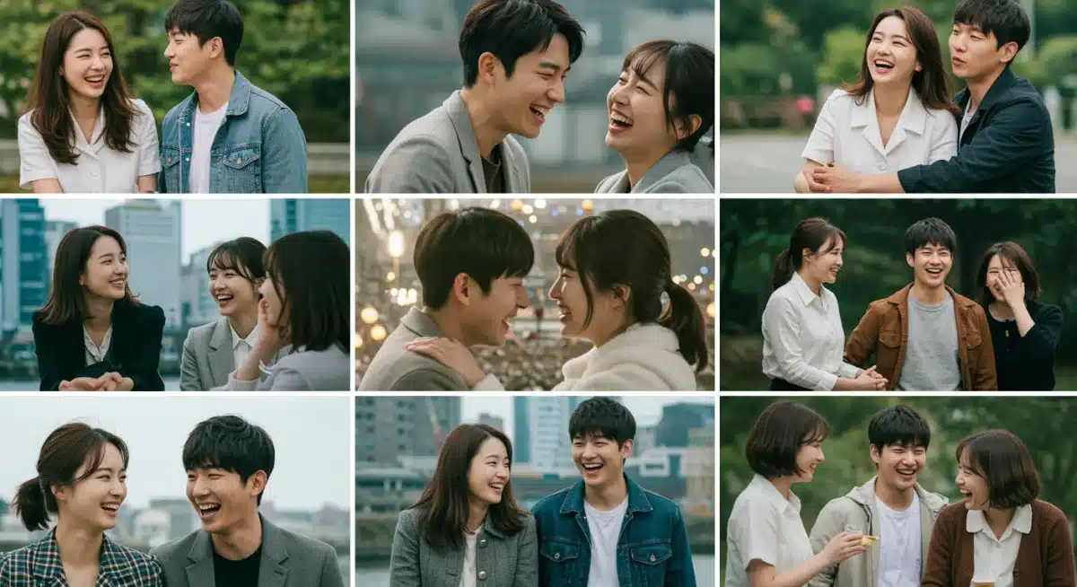 Various K-Drama rom-com couples in romantic and funny situations