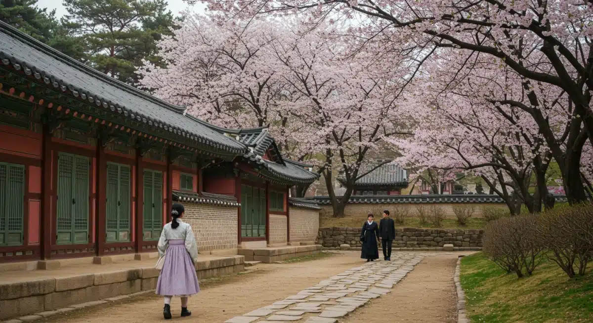 Beautiful traditional Korean palace garden with cherry blossoms, a common K-Drama setting