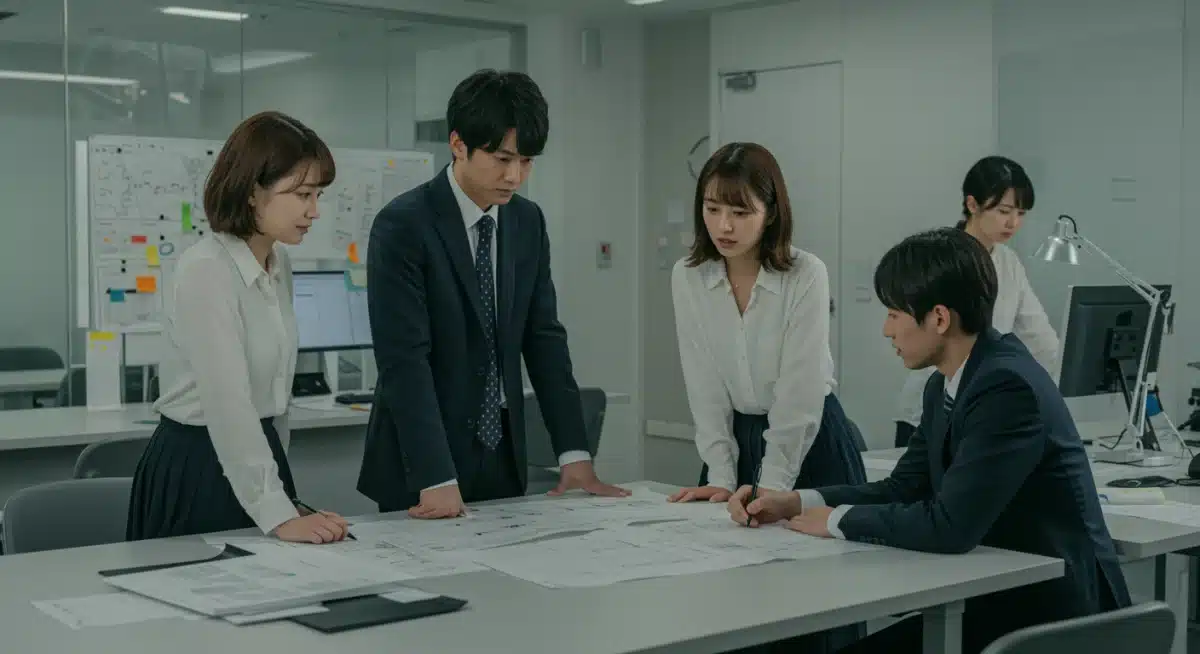 Japanese drama still of young professionals collaborating in a modern office setting.