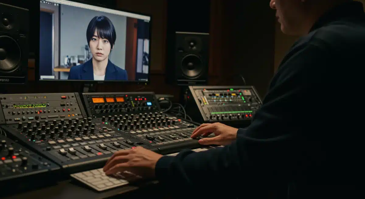 Music producer in a studio mixing a Japanese drama soundtrack, highlighting the production process.