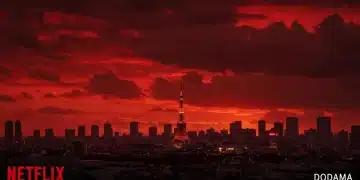 Dramatic crimson sky over a Japanese city, symbolizing 'Crimson Skies' dorama and Netflix deal rumors.