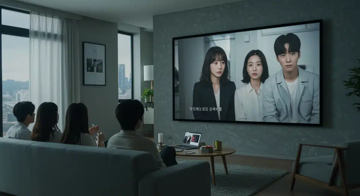 Diverse audience enjoying K-drama with subtitles on streaming platform