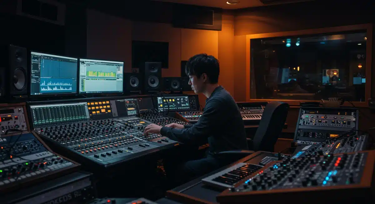 Music producer crafting a modern Japanese dorama soundtrack in a studio.