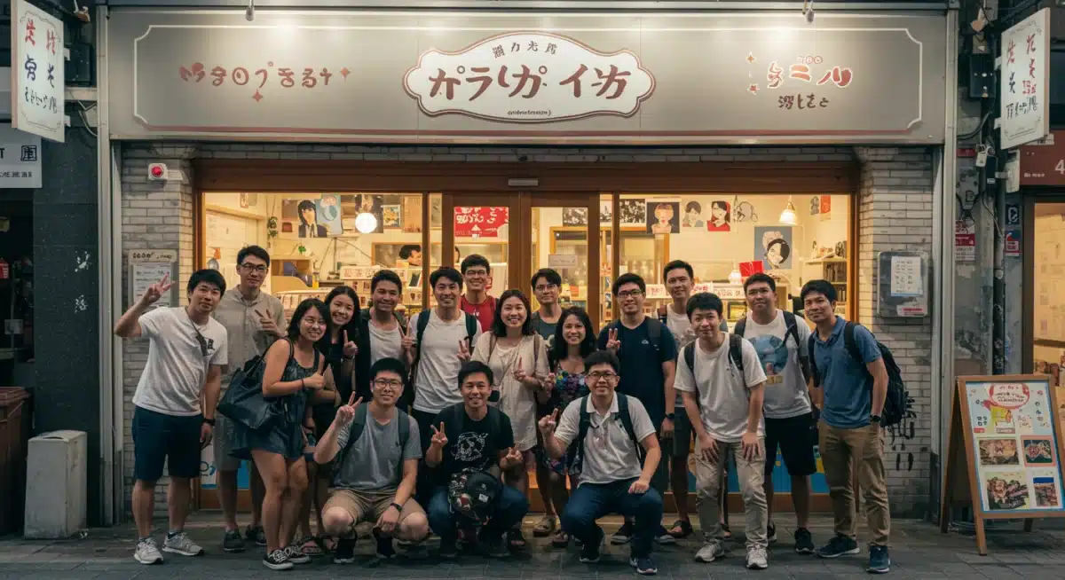 Tourists enjoying dorama-themed local business, cultural immersion, fan experience