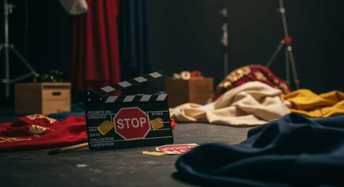 Filming clapperboard with stop sign, production delay