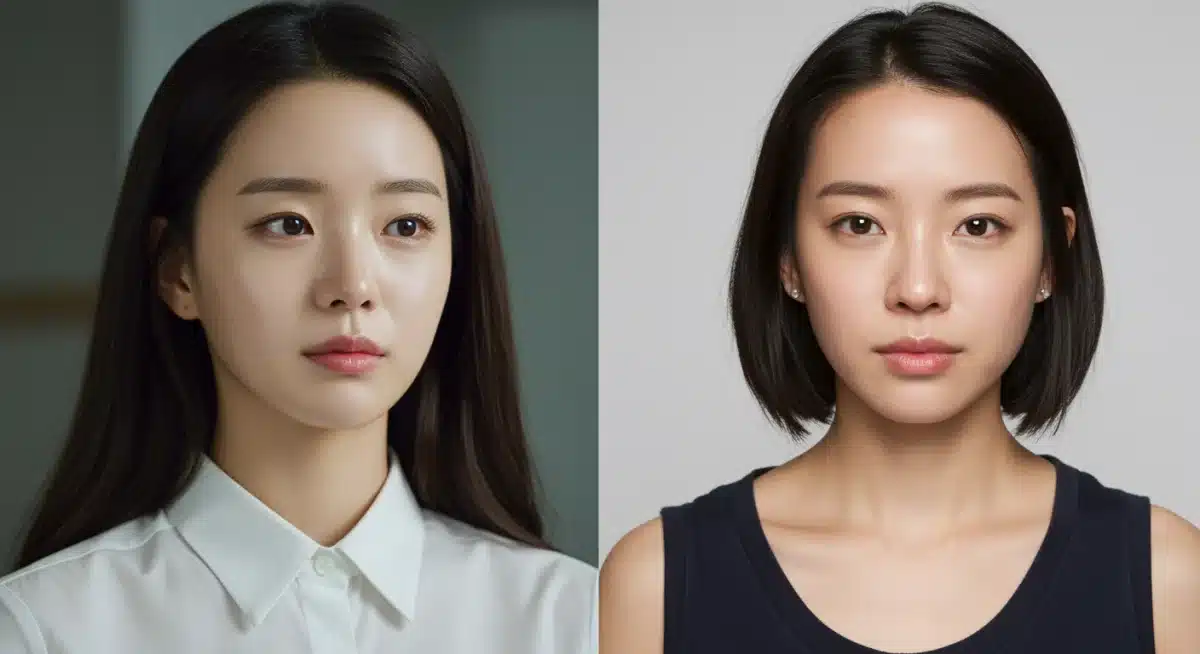 Korean drama actress with glass skin and an American woman replicating the look.