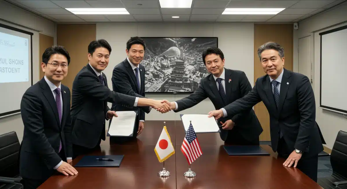 Executives from Japanese and American entertainment companies finalize a strategic partnership.