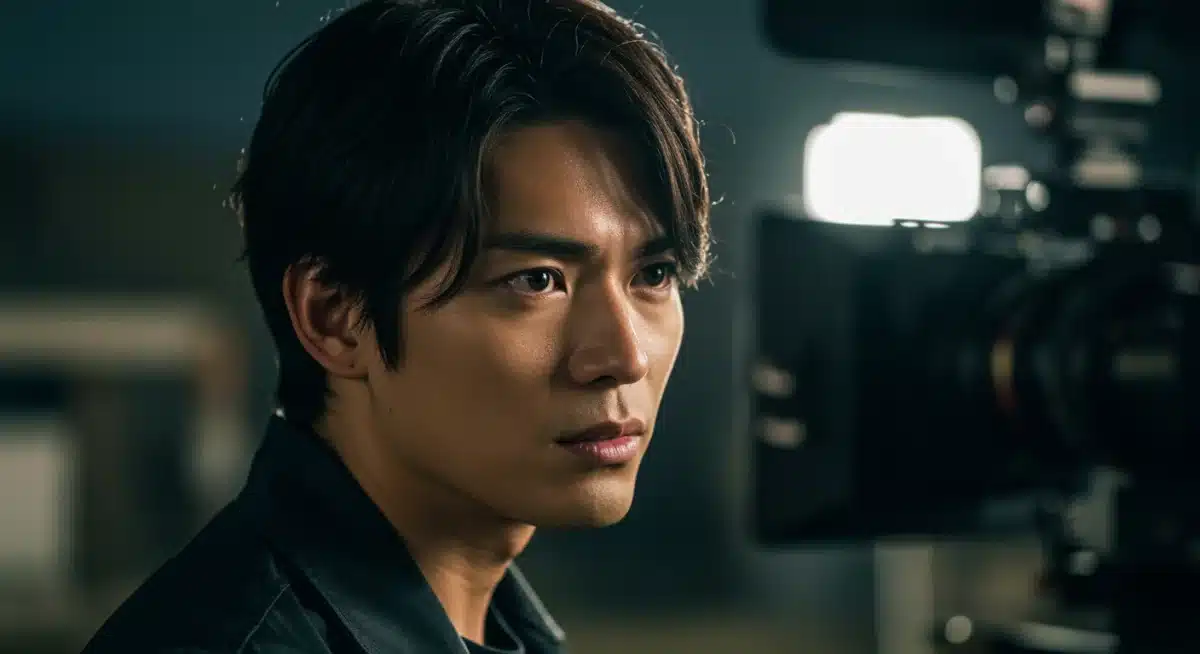 Japanese dorama actor with an intense expression, hinting at the drama within 'Crimson Skies' series.