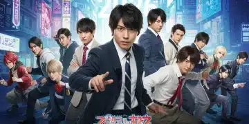 Actors in vibrant costumes from upcoming Japanese dorama adaptations of manga and anime, set against a futuristic Tokyo backdrop.