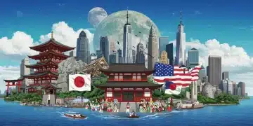 Dynamic illustration of Japanese dorama and US skyline fusion, symbolizing entertainment investment.