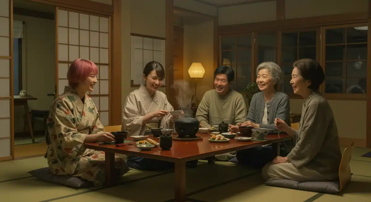 A multi-generational Japanese family eating together, representing changing family structures.