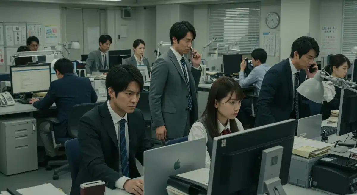 Japanese office workers in a modern corporate setting, illustrating work-life balance issues.