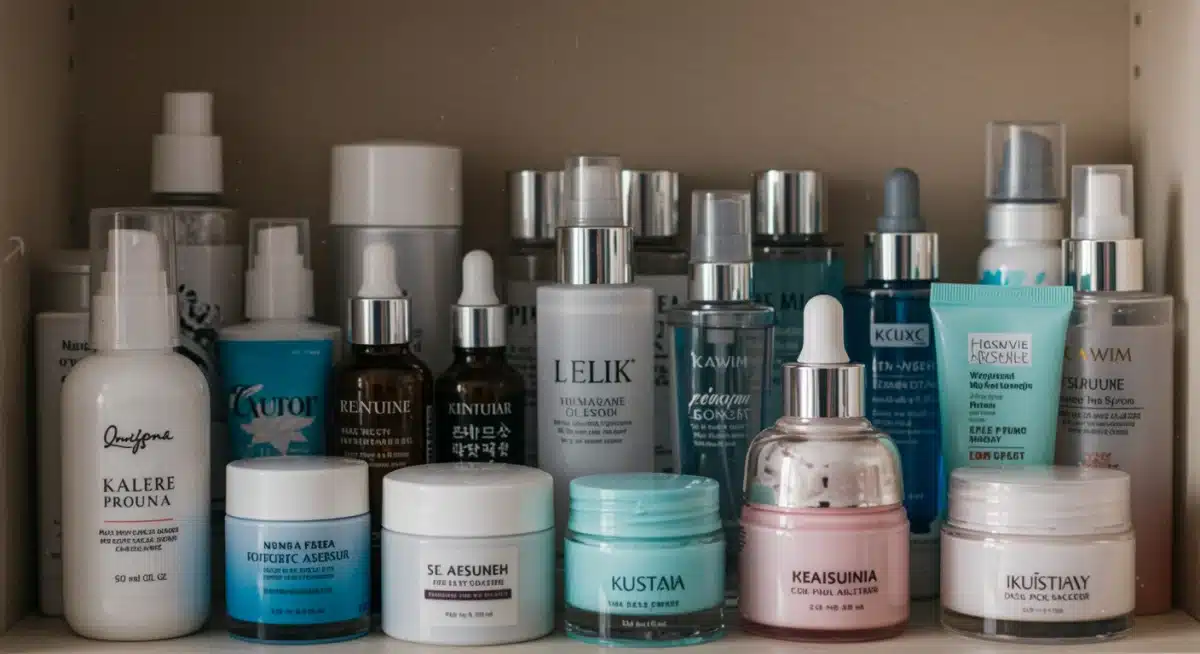 Assortment of Korean beauty products like serums, essences, and sheet masks.