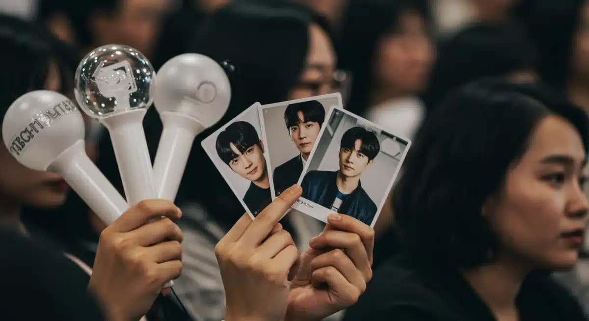 Hands holding K-drama photocards and lightsticks at a fan meet-up event.