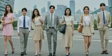 Stylish individuals showcasing K-Drama inspired fashion in a modern city setting, reflecting diverse Korean drama aesthetics.