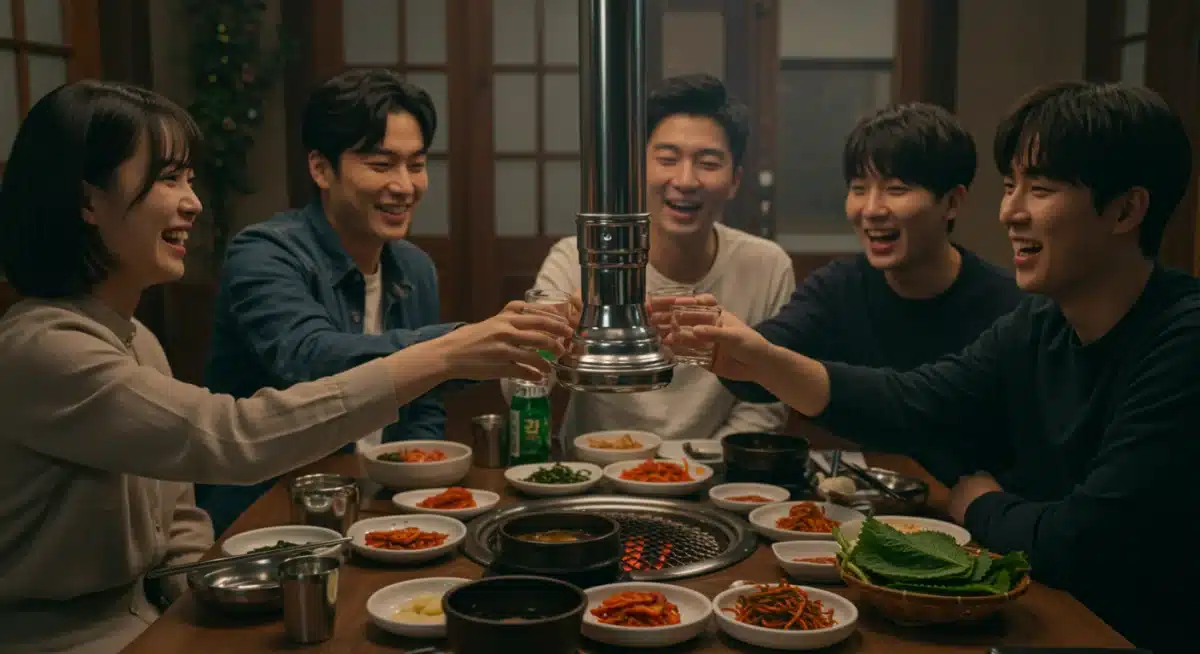 Friends sharing a Korean BBQ meal, laughing and toasting, showcasing communal dining culture.