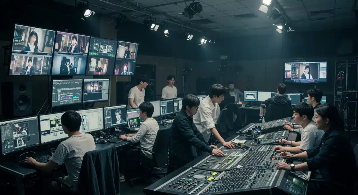 Post-production team meticulously editing a Korean drama scene