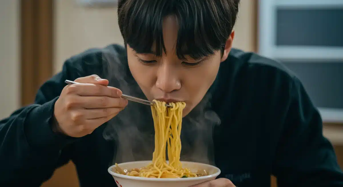 K-drama character enjoying a steaming bowl of ramyeon with visible satisfaction.