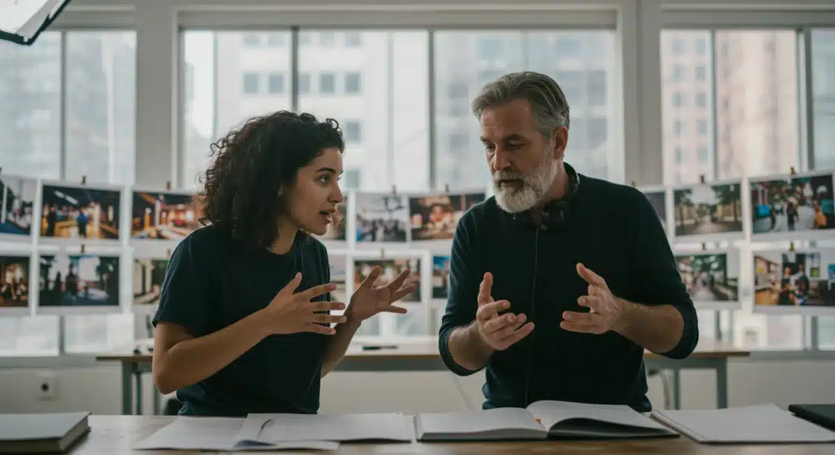 Writers collaborating on a K-drama script, discussing plot points