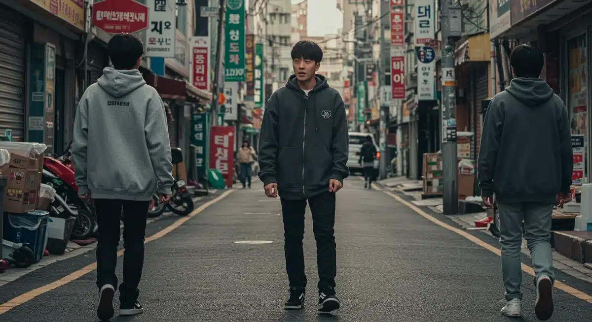 Dynamic street style capturing casual K-Drama fashion with oversized hoodies and trendy sneakers in a Korean urban setting.