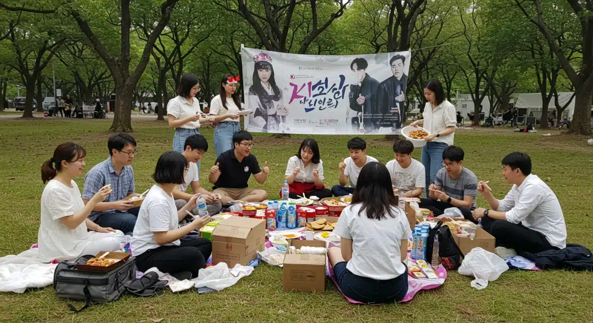 Fans enjoying Korean snacks and drinks at a K-drama themed outdoor picnic.