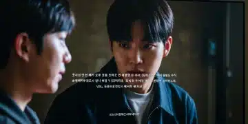 English subtitles on a TV screen showing a Korean drama scene.