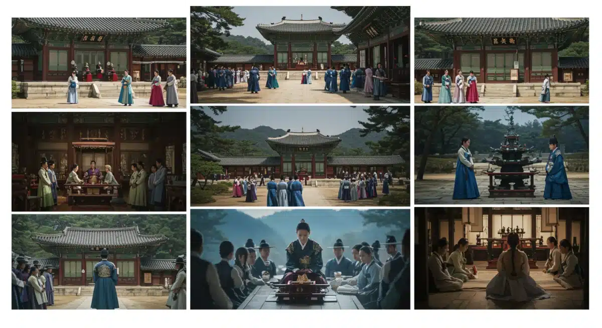 Montage of historical Korean drama scenes, showcasing traditional attire and settings