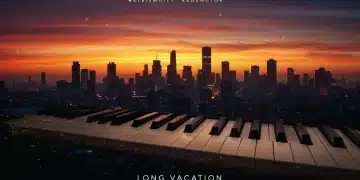 Stylized city skyline with piano keys, symbolizing urban romance and music.