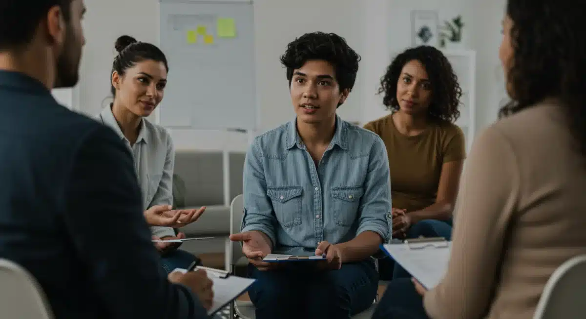 Mental health support group discussing shared experiences portrayed in media