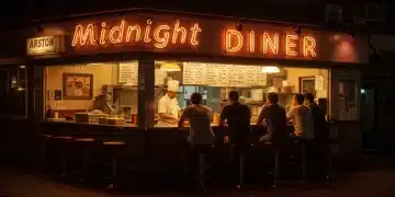Stylized image of a welcoming American diner, reminiscent of 'Midnight Diner' ambiance