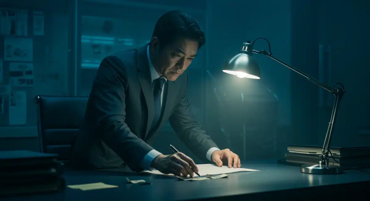 Suspenseful scene from a new Japanese mystery dorama, a detective investigating clues in a dark office, suggesting a thrilling plot.