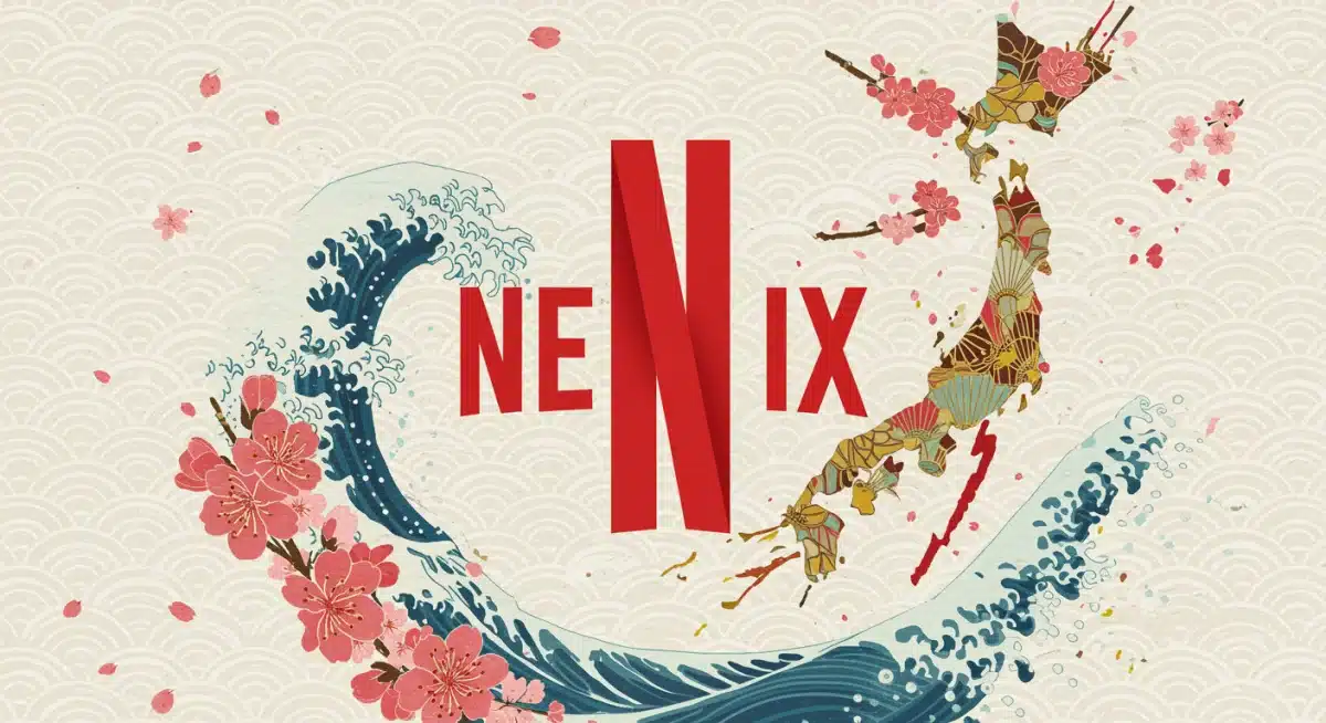 Netflix logo intertwined with traditional Japanese art, symbolizing dorama streaming expansion.