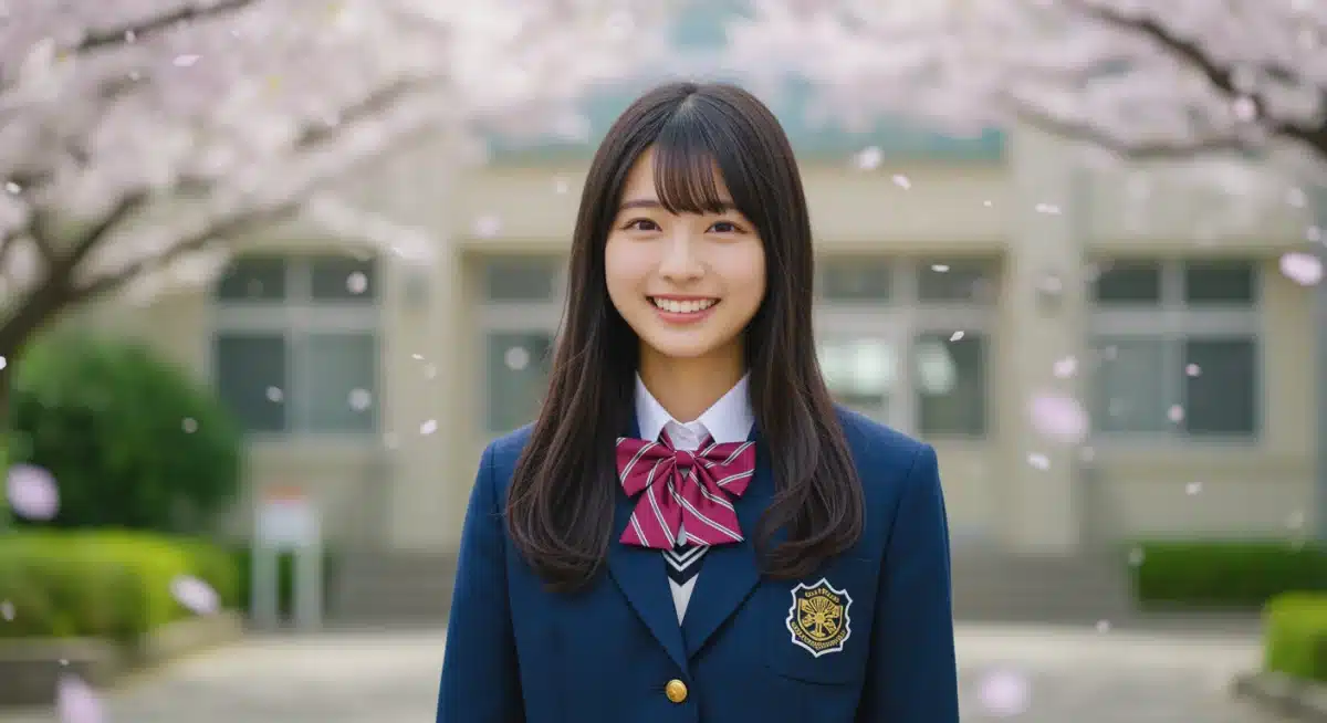 Female lead actress in a live-action shojo dorama, wearing a school uniform amidst cherry blossoms.