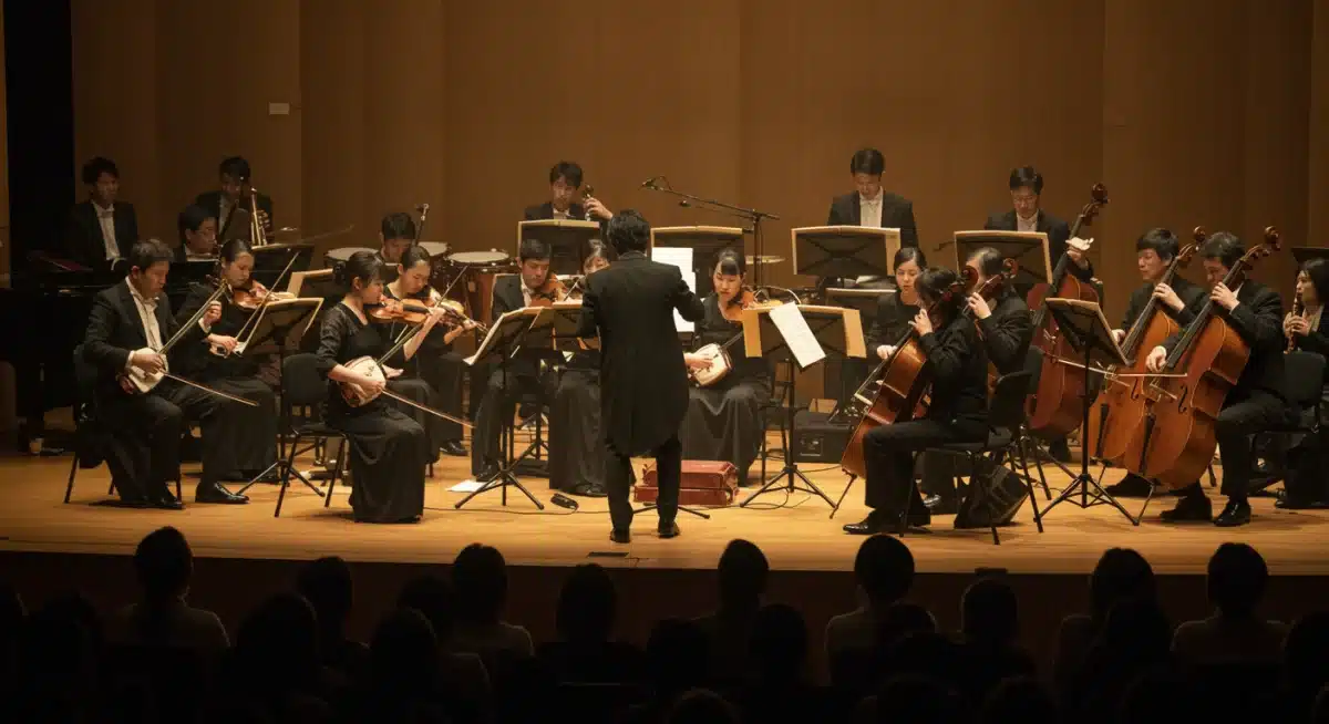 Orchestra blending traditional and modern instruments for a dorama OST performance.