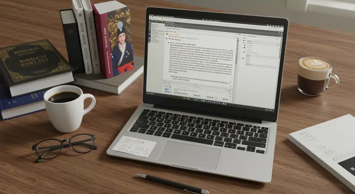 Translator's desk with Korean text, translation software, and reference books.