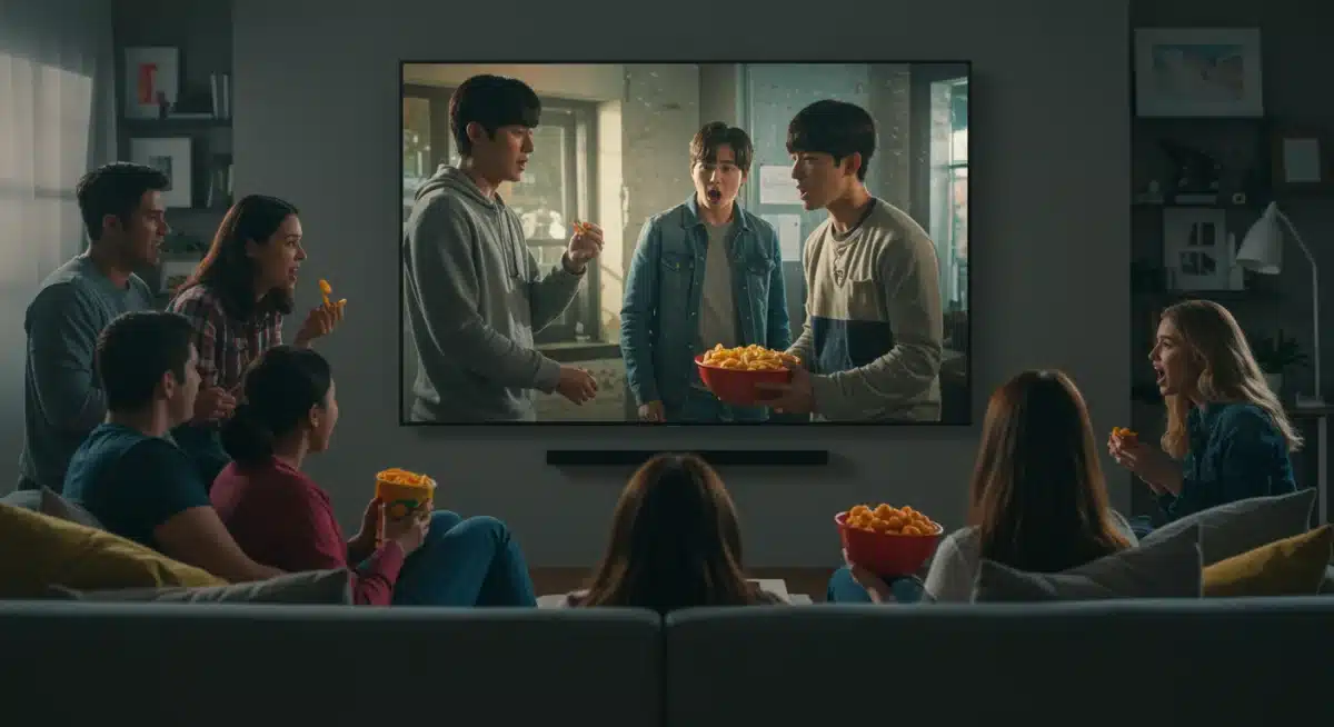 American audience enthusiastically watching a popular Korean drama on a streaming service.